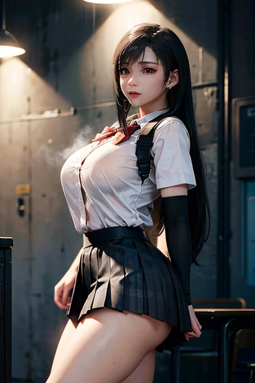 school girl uniform , steam , rain , plaid skirt , pleated skirt , The shirt is tight. , white shirt , school girl , red bow , red knot , highly detailed photo of Tifa Lockhart posing, final fantasy 7 remake, red eyes, intricate, highres, 8k, detailed hair, detailed skin, masterpiece, very long hair, award-winning photography, sharp focus, dramatic lighting, unreal engine 5