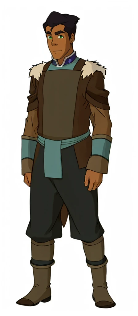 African-American, Bolin, water tribe traditional clothing mixed of blue and purple, with fur in shoulders and neck. Long sleeve, skinny, water tribe outfit. The character is wearing a blue, short-sleeved tunic with gold trim and fastenings down the front and fur collar, and fur on the shoulders. He has on dark purple pants tucked into knee-high boots. A green sash is tied around his waist. The overall style appears to be inspired by traditional East Asian clothing designs.