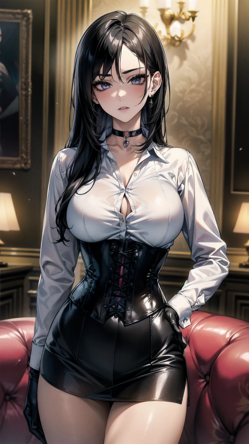  masterpiece, Superior image quality, High resolution, 4k image,photo and gross, photorealistic, whole body, 1  girl, lying on a bed {{{vagina}}}, beautiful face, long black hair, closed eyes, pink cheeks, sleeping expression, choker:1.6, (white collar button down long sleeve shirt), black gloves, gloves that cover hands, (black leather corset), (shiny black miniskirt), Sensual Lips, view from above, looking at the viewer, elegant room, at night