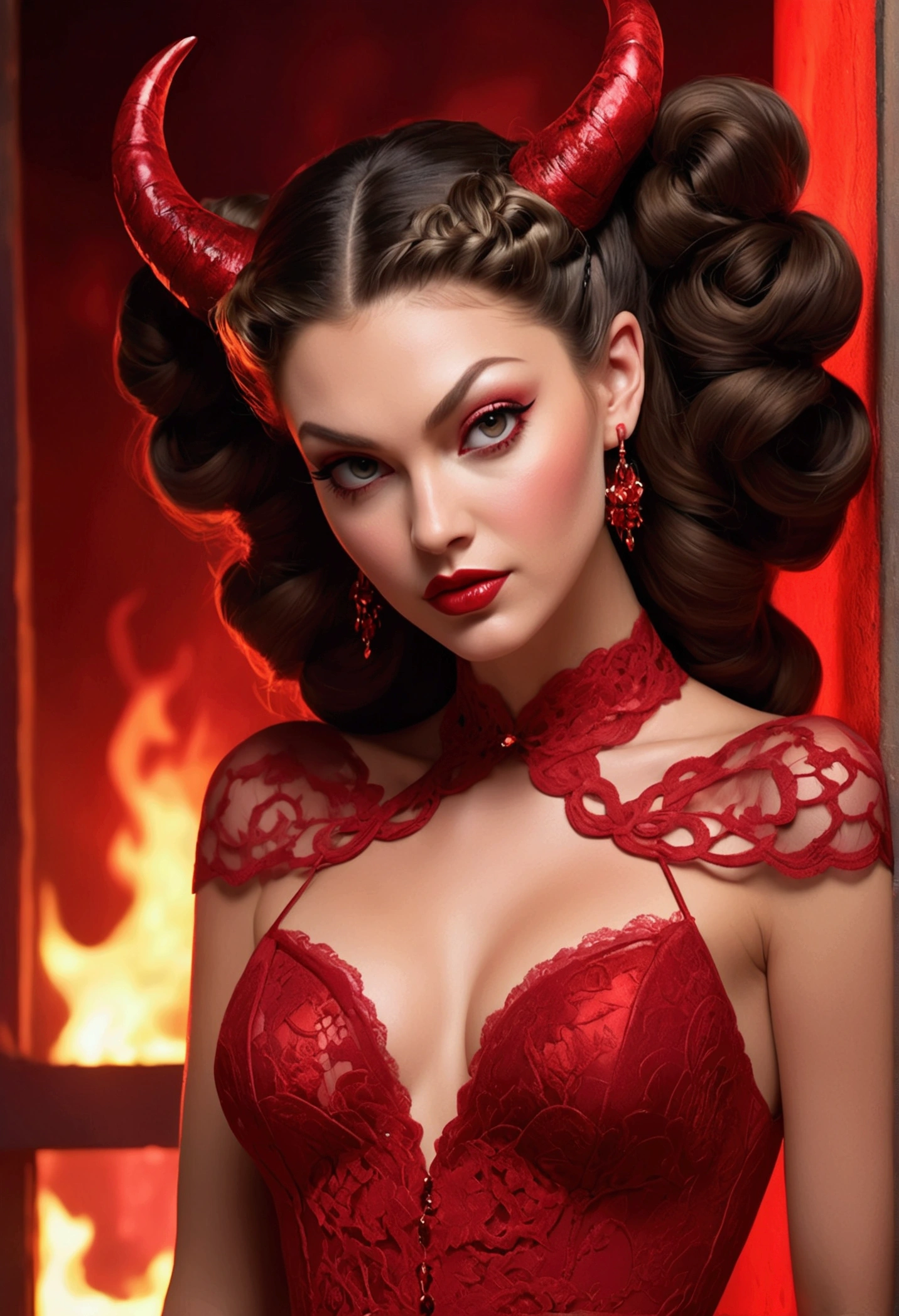 Full body shot Lili Simmons devil, ringlets wavy five feet long black hair, updo hairstyle with ponytail on one side and long hairpins holding the bun long braid, strong thighs, dark red glossy lips, heavy red eye shadow long red eyeliner, long sharp claws, red lace beautiful and creative devil bodysuit, huge cleavage, devil horns, no earrings, no earrings, no earrings, no jewels, beautiful forehead lace ornament, posing in a feminine devil hell, happy expression, red ambience night time fire lights. No faces on her chest!
