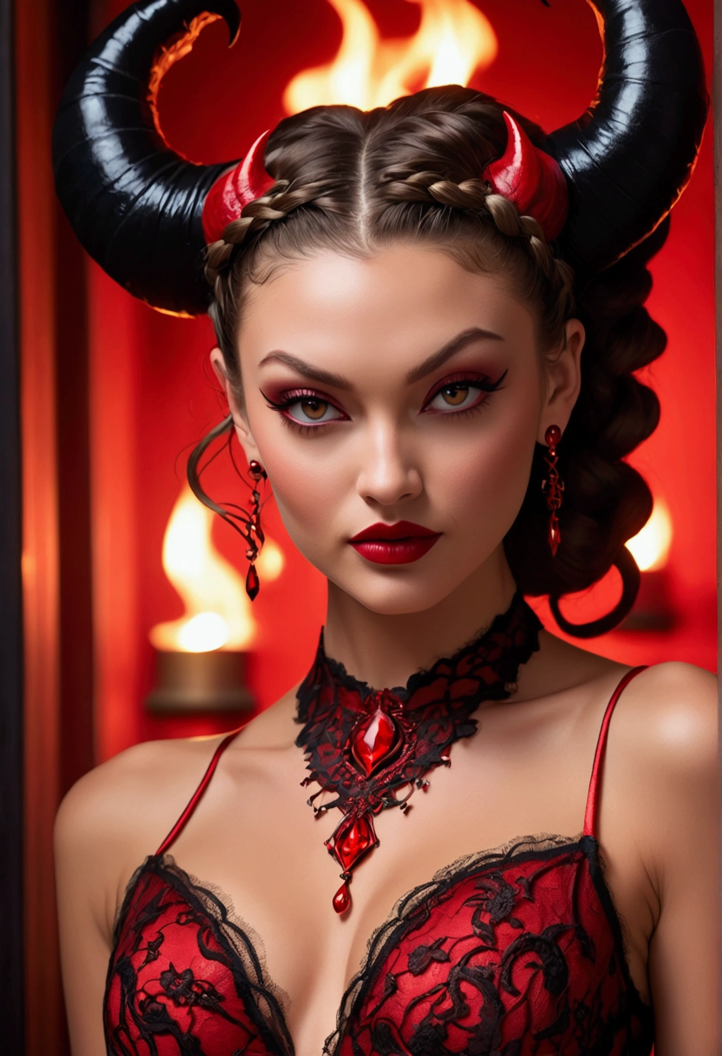 Full body shot Lili Simmons devil, ringlets wavy five feet long black hair, updo hairstyle with ponytail on one side and long hairpins holding the bun long braid, strong thighs, dark red glossy lips, heavy red eye shadow long red eyeliner, long sharp claws, red lace beautiful and creative devil bodysuit, huge cleavage, devil horns, no earrings, no earrings, no earrings, no jewels, beautiful forehead lace ornament, posing in a feminine devil hell, happy expression, red ambience night time fire lights. No faces on her chest!