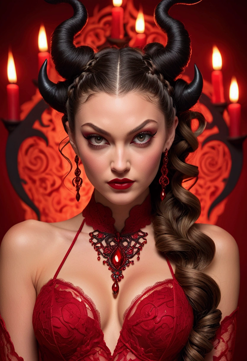 Full body shot Lili Simmons devil, ringlets wavy five feet long black hair, updo hairstyle with ponytail on one side and long hairpins holding the bun long braid, strong thighs, dark red glossy lips, heavy red eye shadow long red eyeliner, long sharp claws, red lace beautiful and creative devil bodysuit, huge cleavage, devil horns, no earrings, no earrings, no earrings, no jewels, beautiful forehead lace ornament, posing in a feminine devil hell, happy expression, red ambience night time fire lights. No faces on her chest!