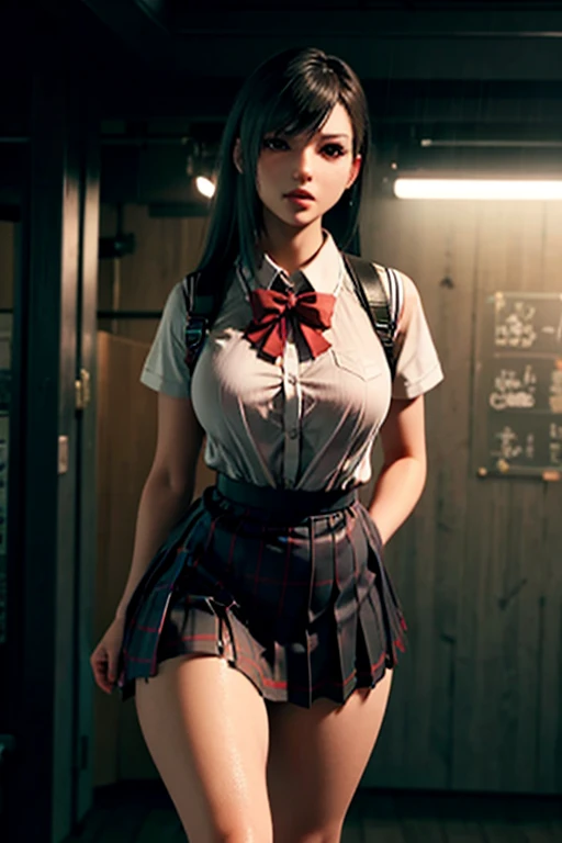 school girl uniform , steam , rain , plaid skirt , pleated skirt , The shirt is tight. , white shirt , school girl , red bow , red knot , highly detailed photo of Tifa Lockhart posing, final fantasy 7 remake, red eyes, intricate, highres, 8k, detailed hair, detailed skin, masterpiece, very long hair, award-winning photography, sharp focus, dramatic lighting, unreal engine 5