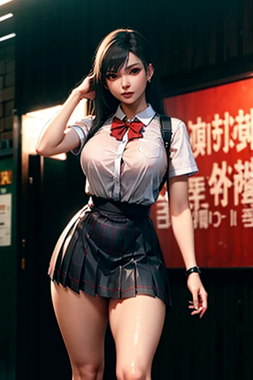 school girl uniform , steam , rain , plaid skirt , pleated skirt , The shirt is tight. , white shirt , school girl , red bow , red knot , highly detailed photo of Tifa Lockhart posing, final fantasy 7 remake, red eyes, intricate, highres, 8k, detailed hair, detailed skin, masterpiece, very long hair,  award-winning photography, sharp focus, dramatic lighting, unreal engine 5