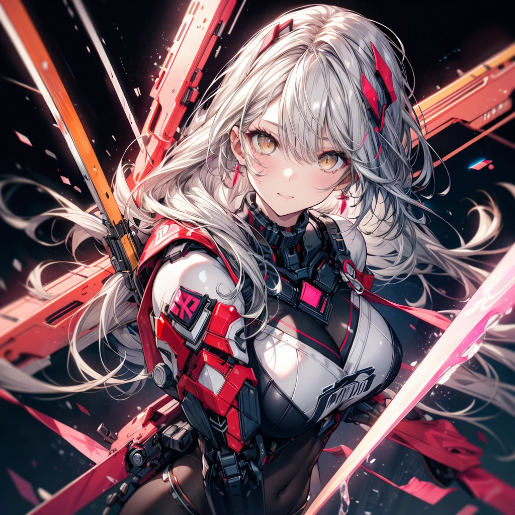 cute, woman, Sexy Face, Yellow Eyes, Gray Hair, The body is slim, Sexy pose, Pink tights, Mecha, Neon Signs, Leading the Night City, View from above, high quality, Realistic, Beautiful light, Full details, Black background