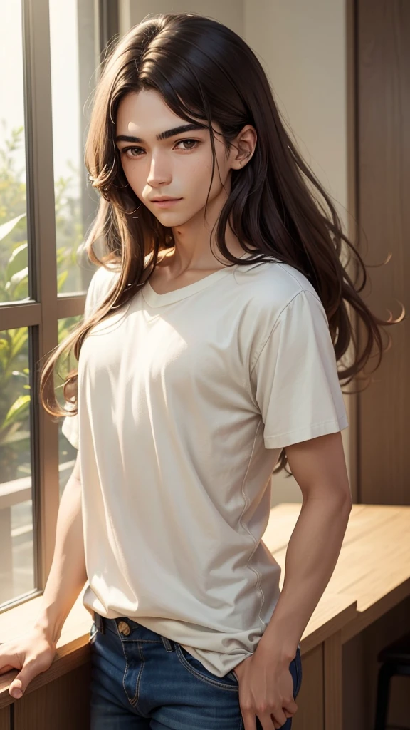 A male  student with 13 years of average height (approximately 172 cm) with medium long dark brown hair. Her eyes are light brown like honey and, when he uses his powers, they shine with a faint glow. Wear casual and comfortable clothing: jeans and t-shirts in neutral and light colors. The expression on his face is relaxed and friendly., transmitting a feeling of confidence and serenity.