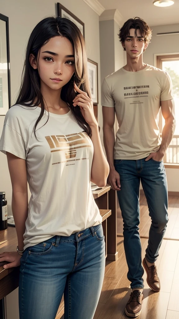 A male student with of average height (approximately 172 cm) with medium long dark brown hair. Her eyes are light brown like honey and, when he uses his powers, they shine with a faint glow. Wear casual and comfortable clothing: jeans and t-shirts in neutral and light colors. The expression on his face is relaxed and friendly., transmitting a feeling of confidence and serenity.