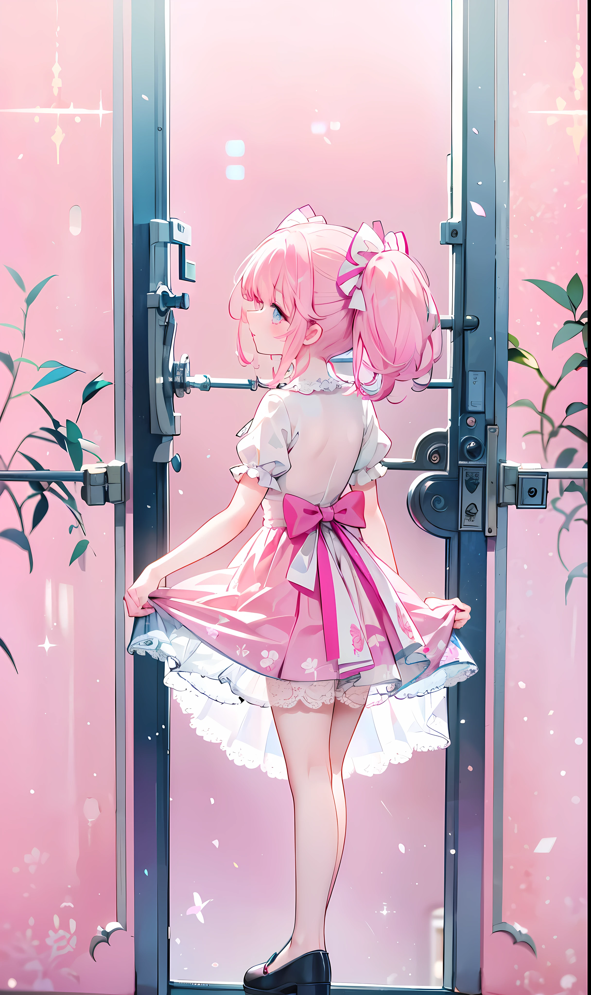 (masterpiece:1.2), best quality, highres, original, (extremely detailed:1.2), ultra-detailed, wallpaper, perfect lighting,(extremely detailed CG:1.2), 8k, 1girl, solo, kawaii, (twintails, pink hair:1.1), (Lolita Fashion, pink dress, short-sleeves, bowknot on waistline, lace hemline, knee-length dress, delicate dress:1.2), (anatomically correct:1.3), standing, close-up, from behind, view of back, (dreamlike background, pink background, girly background:1.2)