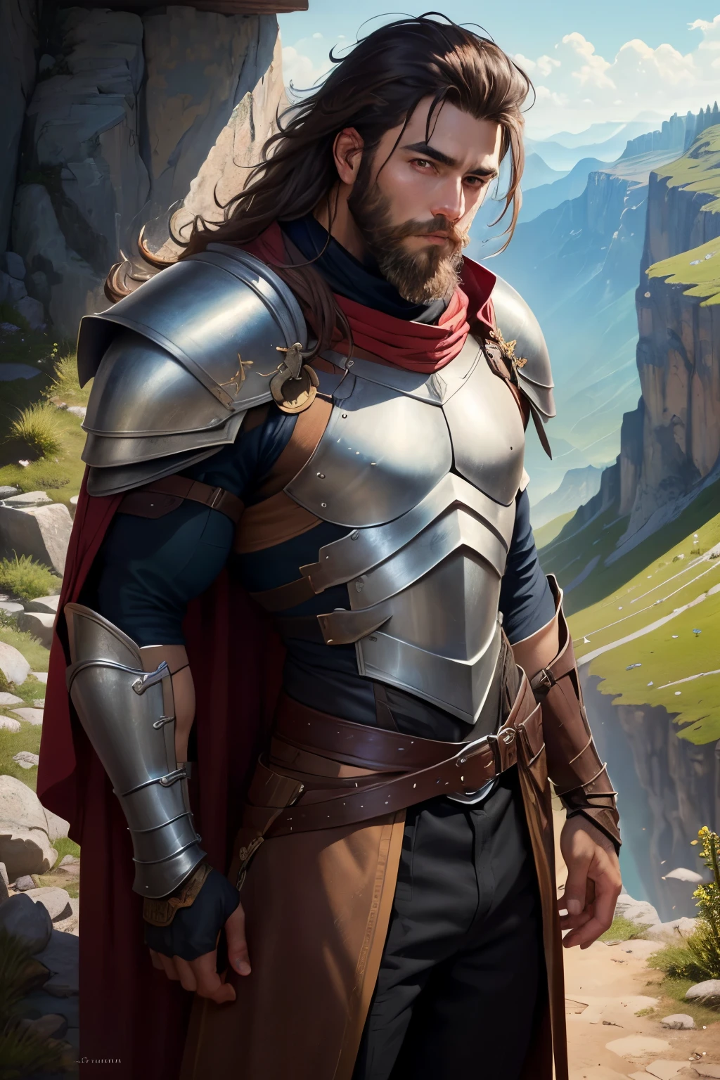 ((best quality)), ((masterpiece)), (detailed), Prize-winning works, with incredible details, maximum textures and details, uhd ,8k,super resolution ,depth of field, retina, masterpiece, 1 MALE RANGER on top of a mountain admiring and looking at the valley below .(((he has dark skin))). Brown leather back armor that blends in with the underside and cape to become invisible, he wears leather armor ,messy hair ,he has dark skin ,big messy beard, shoulder length hair ,sunny day ,detailed shadows 