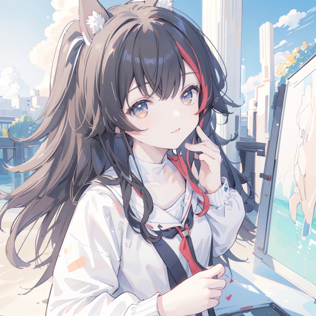 (best quality), masterpiece, Extremely detailed CG8K painting, high color, Extremely high color saturation, All colors are deepened, central composition, Extremely detailed light and shadow, The face and eyes are very detailed, medium length hair, sportswear, colorful clouds，beautiful nature，landscape，High ponytail