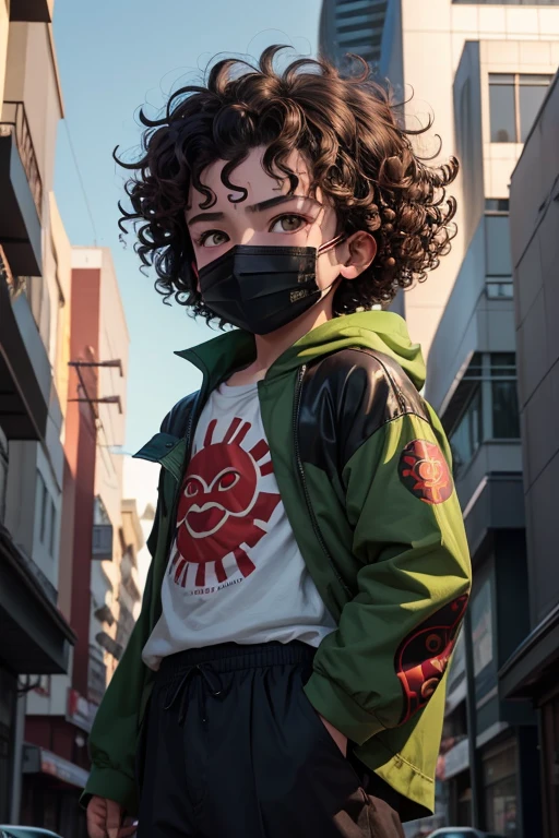 A boy with curly hair, and one red eye and the other green which wears a Japanese mask at the level of its mouth which is on the edge of a building