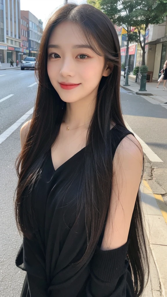 (top quality, 8K, masterpiece:1.3)), A pretty maiden，pure，oval face，Gentle and cute，sweet smile，pure，thin body，(Street)，looking directly into the camera，inner strength, formal，Black silky long, layered long hair，Long hair spread over shoulders，big deal, round, black eyes，clear big eyes，Hydrated red lips，Sweet，stand, Photographed in the city,
