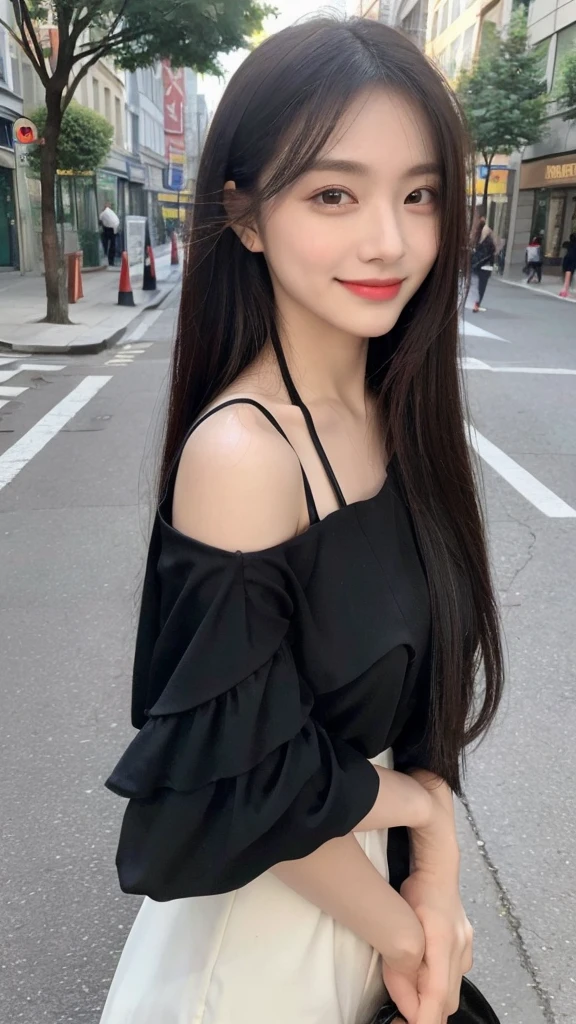 (top quality, 8K, masterpiece:1.3)), A pretty maiden,pure,oval face,Gentle and cute,sweet smile,pure,thin body,(Street),looking directly into the camera,inner strength, formal,Black silky long, layered long hair,Long hair spread over shoulders,big deal, round, black eyes,clear big eyes,Hydrated red lips,Sweet,stand, Photographed in the city,
