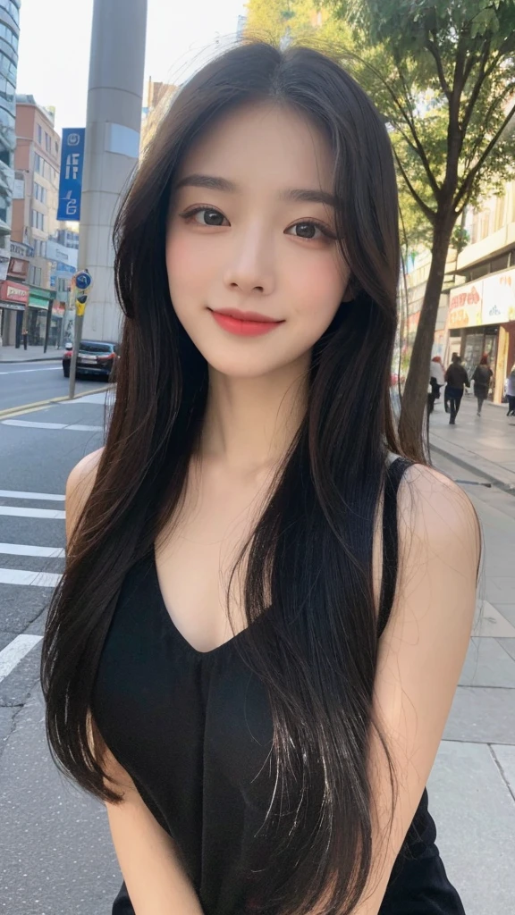 (top quality, 8K, masterpiece:1.3)), A pretty maiden，pure，oval face，Gentle and cute，sweet smile，pure，thin body，(Street)，looking directly into the camera，inner strength, formal，Black silky long, layered long hair，Long hair spread over shoulders，big deal, round, black eyes，clear big eyes，Hydrated red lips，Sweet，stand, Photographed in the city,