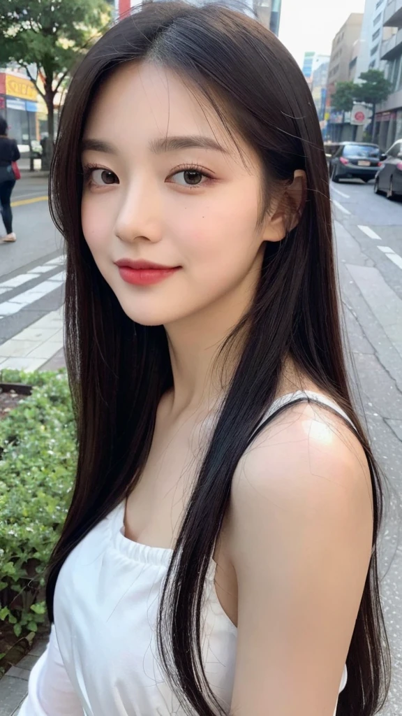 (top quality, 8K, masterpiece:1.3)), A pretty maiden，pure，oval face，Gentle and cute，sweet smile，pure，thin body，(Street)，looking directly into the camera，inner strength, formal，Black silky long, layered long hair，Long hair spread over shoulders，big deal, round, black eyes，clear big eyes，Hydrated red lips，Sweet，stand, Photographed in the city,