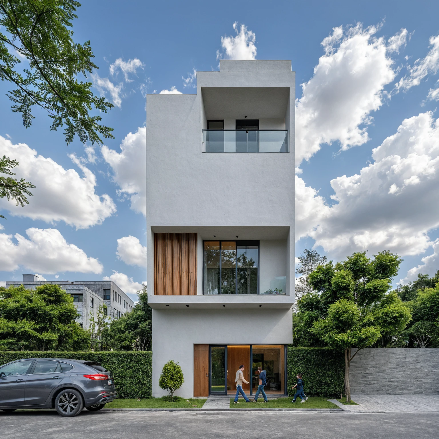Masterpiece, high quality, best quality, authentic, super detail, outdoors, onestoreyvillaXL, aiaigroup, house style modern on the street ,stairs, white wall ,road,pavement, grass, trees, sky, cloud, (daylight:1.1)
