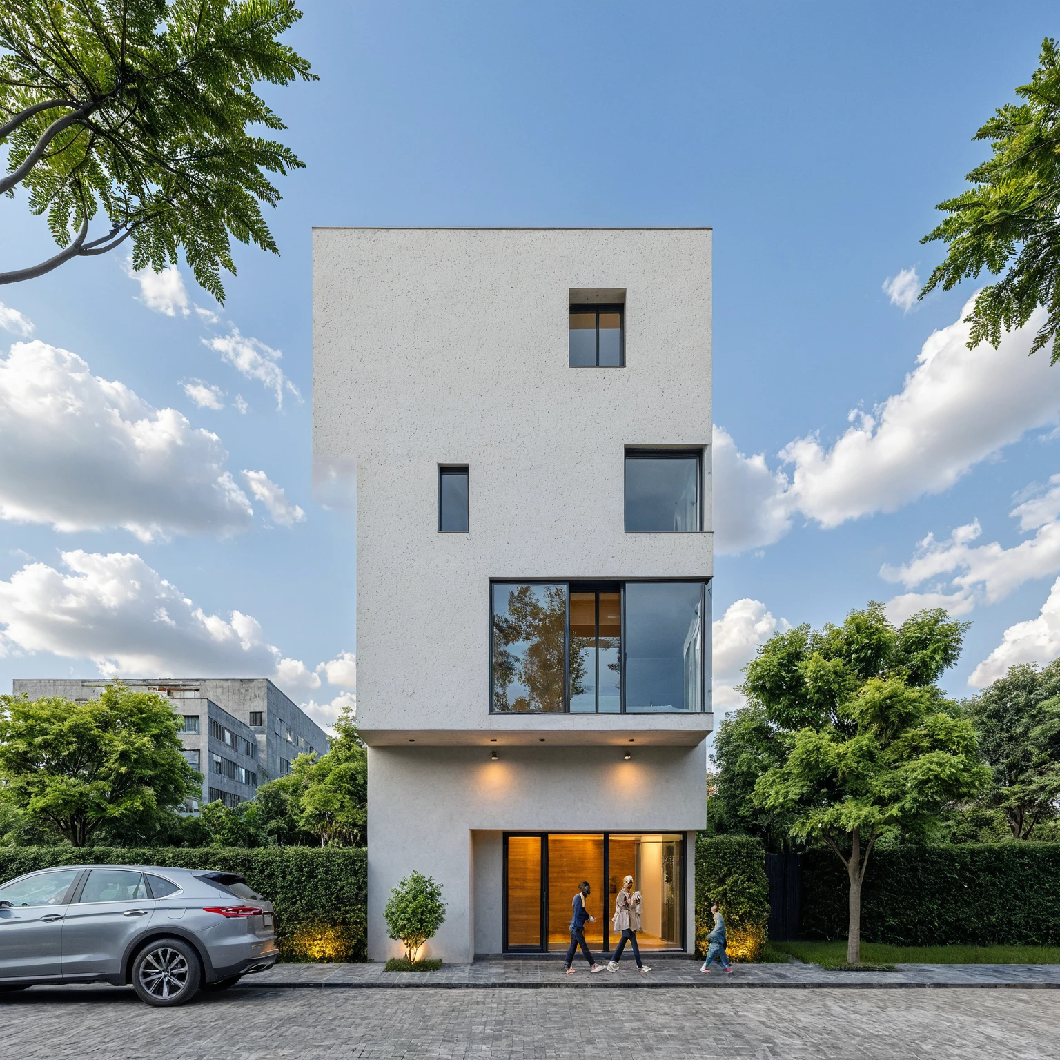 Masterpiece, high quality, best quality, authentic, super detail, outdoors, onestoreyvillaXL, aiaigroup, house style modern on the street ,stairs, white wall ,road,pavement, grass, trees, sky, cloud, (daylight:1.1)