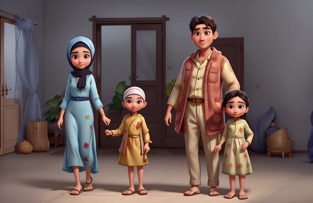 masterpiece, best quality,pixar: malay family, father,watching movies ,smiling, wearing home hijab and baju kurung,covered head,oil painting style,Romantic Inspiration,exceptional clarity and sharpness PIXAR style