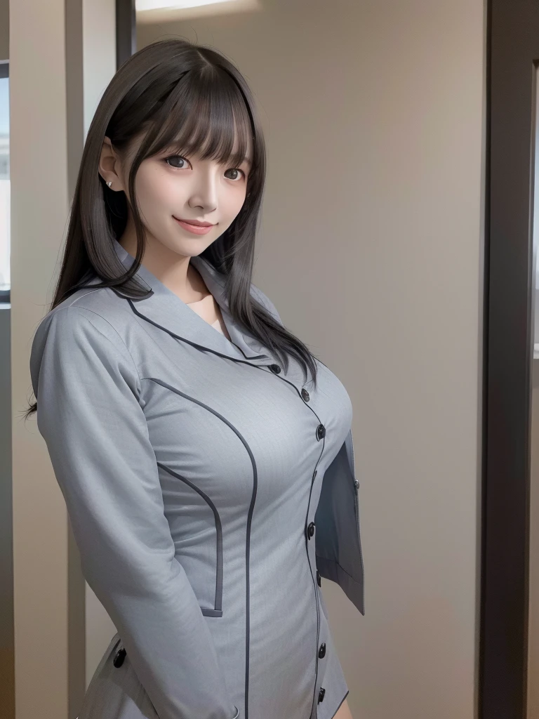 Highest quality、masterpiece、8k、Very detailed、Realistic、(One girl)、(Looking at me with a smile:1.5)、whole body、(Black Hair)、Small face、(Slender:1.2)、(Big Breasts:1.2)、(White business shirt with buttons and a collar:1.2)、(short tight skirt in gray,:1.2)、(Grey business jacket:1.2)