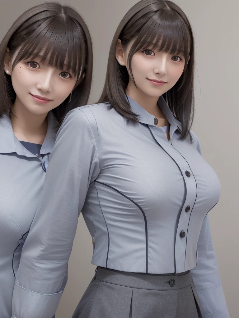 Highest quality、masterpiece、8k、Very detailed、Realistic、(One girl)、(Looking at me with a smile:1.5)、whole body、(Black Hair)、Small face、(Slender:1.2)、(Big Breasts:1.2)、(White business shirt with buttons and a collar:1.2)、(short tight skirt in gray,:1.2)、(Grey business jacket:1.2)