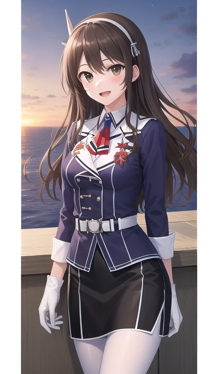 ((masterpiece)),(best quality),official art,extremely detailed CG,unity 8k wallpaper,ultra detailed,A lighthouse on a cliff by the sea,1girl,solo,cowboy shot,long_hair,brown_hair,purple_jacket,pencil_skirt,black_skirt,white_pantyhose,white_gloves,wavy_hair,brown_eyes,white_hairband,long_sleeves,smile,belt,looking_at_viewer,military_uniform,open_mouth,