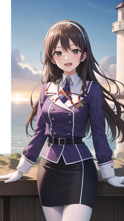 ((masterpiece)),(best quality),official art,extremely detailed CG,unity 8k wallpaper,ultra detailed,A lighthouse on a cliff by the sea,1girl,solo,cowboy shot,long_hair,brown_hair,purple_jacket,pencil_skirt,black_skirt,white_pantyhose,white_gloves,wavy_hair,brown_eyes,white_hairband,long_sleeves,smile,belt,looking_at_viewer,military_uniform,open_mouth,