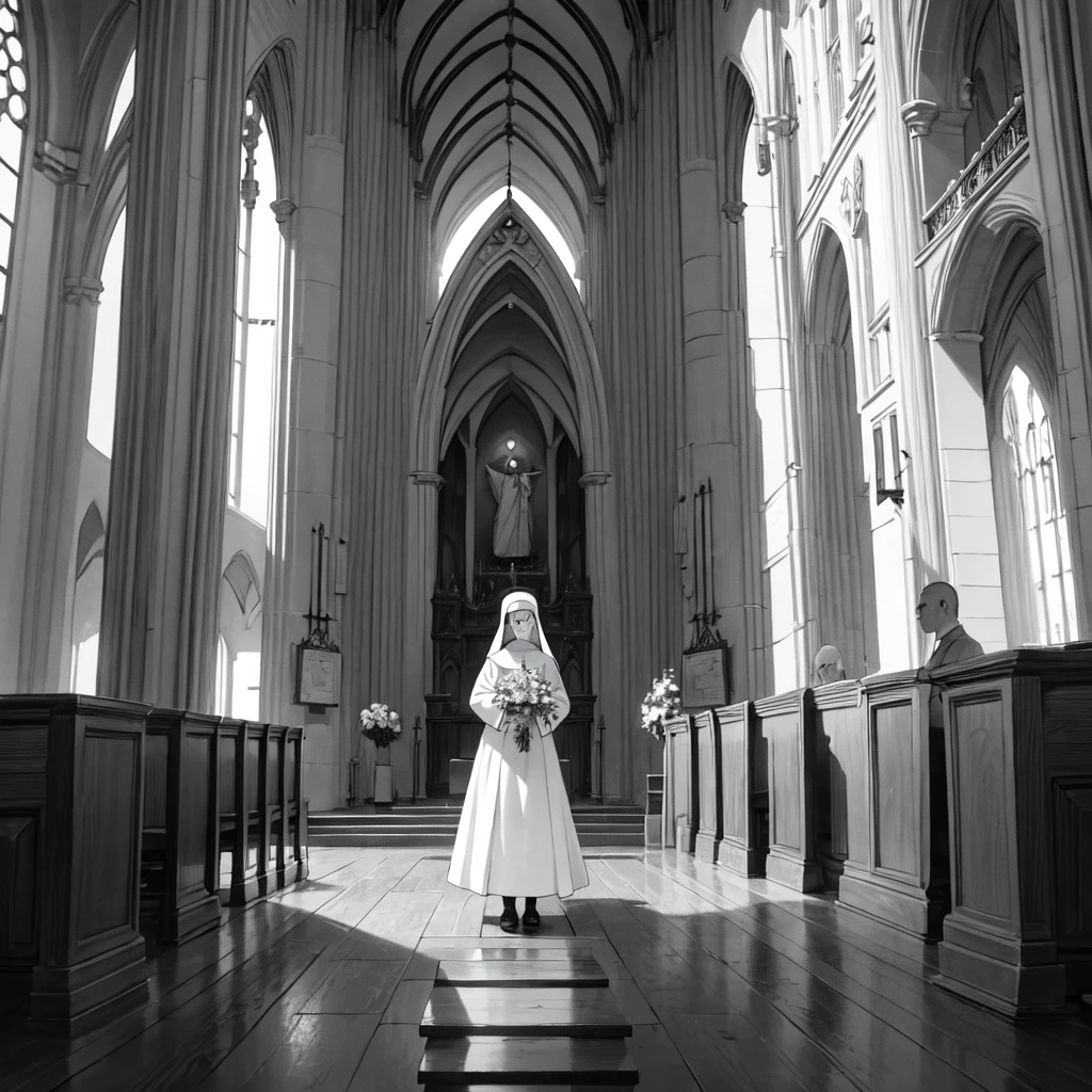 a black and white drawing of a nun in a church, standing in front of the altar, evangelionic illustration, in a church. arstation, in a sanctuary, clean lineart, castle scene manga, the blessed aisles, behind her a gothic cathedral, on the altar, black and white manga panel, in a large cathedral, mary in a sanctuary