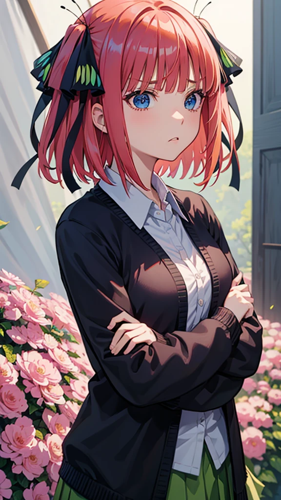 nino nakano, short hair, bangs, blue eyes, hair ornament, hair ribbon, pink hair, blunt bangs, two side up, butterfly hair ornament, collared shirt, green skirt, black cardigan, angry face, arms crossed