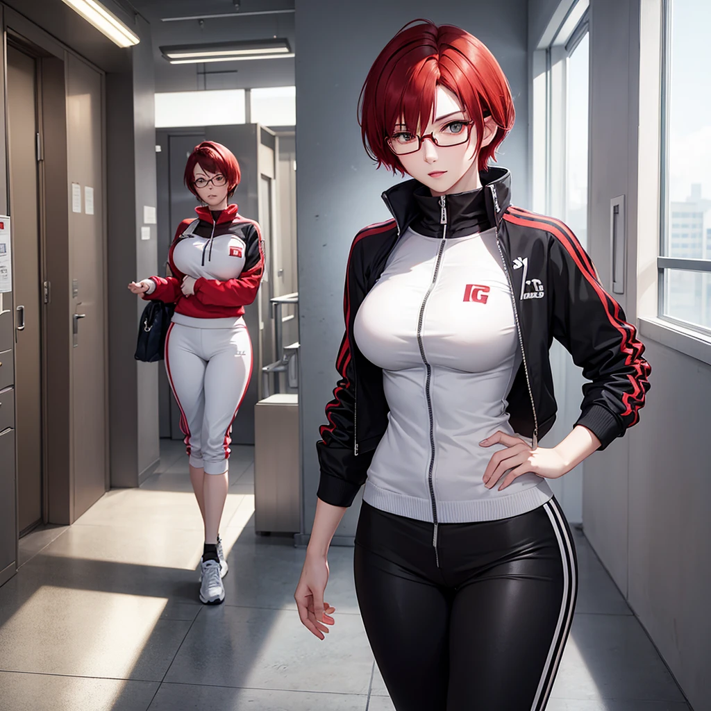 woman with short red hair, white eyes, glasses, tall body, big breasts, sexy wearing a tracksuit, is at school