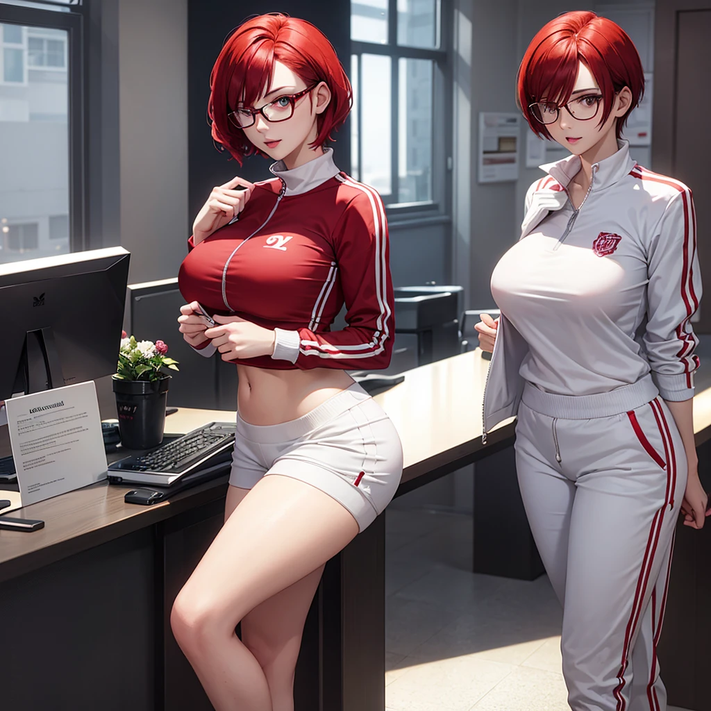 woman with short red hair, white eyes, glasses, tall body, big breasts, wearing a sexy tracksuits, in the school