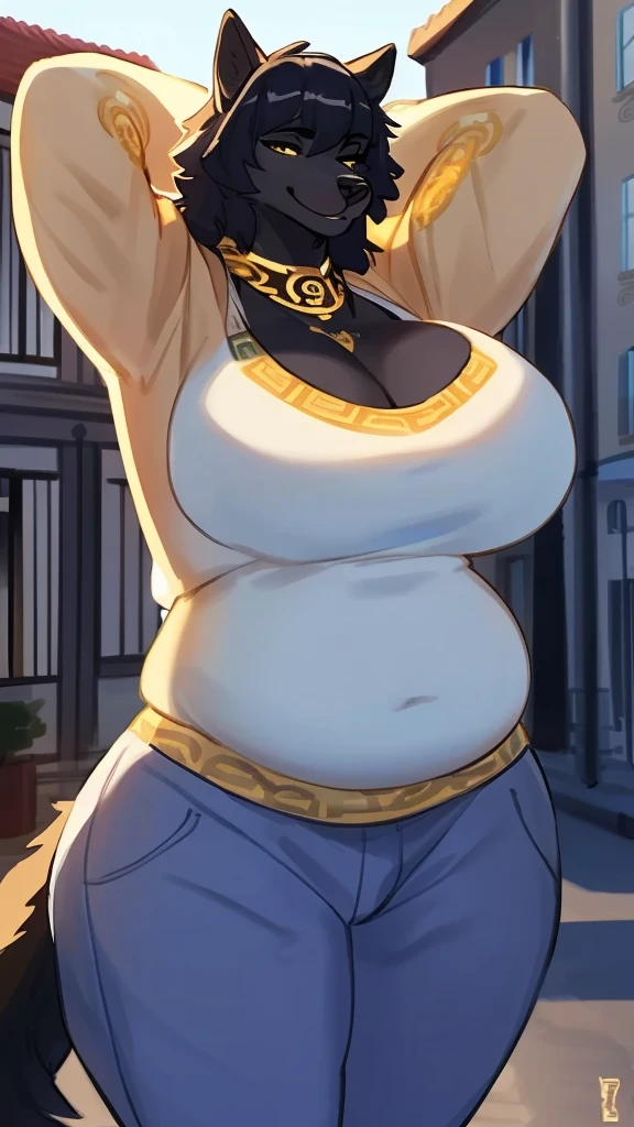 By bebebebebe, by lostgoose, by goonie-san, solo, muscular, canine, ((black wolf, fluffy)), smirking, hands behind head, ((coppe4 hair)), (snout), big breasts, curvy, thicc, overweight, milf, chubby, standing, wrinkly, italian city, massive, size of a building, ((she is a 20 foot tall woman)), detailed eyes, (((versace))), cleavage, sweater, pants