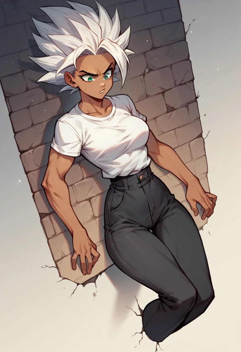 a girl, Saiyan, white hair stuck back, green eyes,slim, thin waist, wide hips, brown skin color, medium breasts, white t-shirt, black pants, clothes glued to the body.