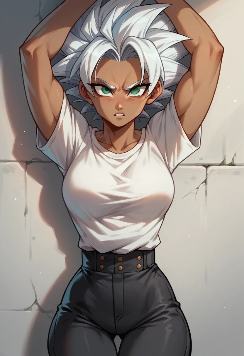 a girl, Saiyan, white hair stuck back, green eyes,slim, thin waist, wide hips, brown skin color, medium breasts, white t-shirt, black pants, clothes glued to the body.