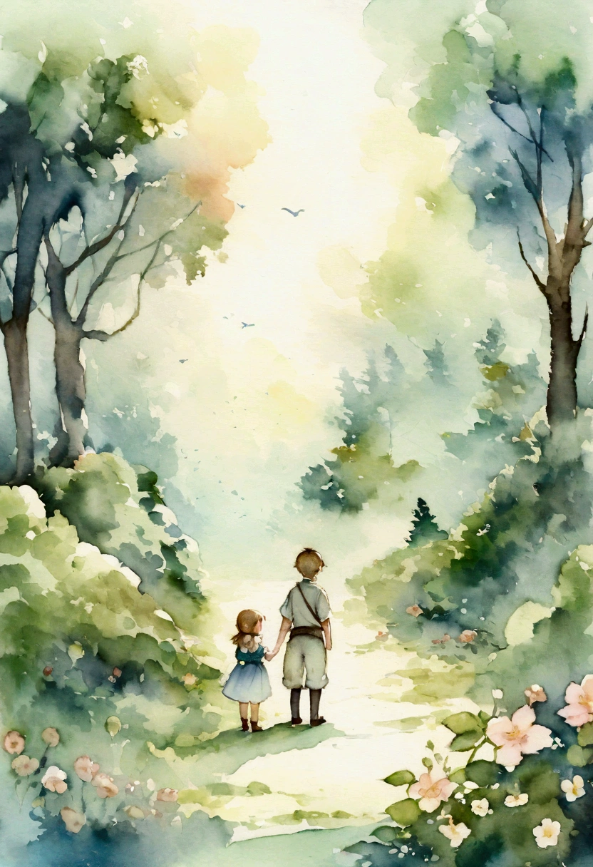 4A boy and girl about the age Gazing at each other Beautiful Forest Fantasy Picture books watercolor