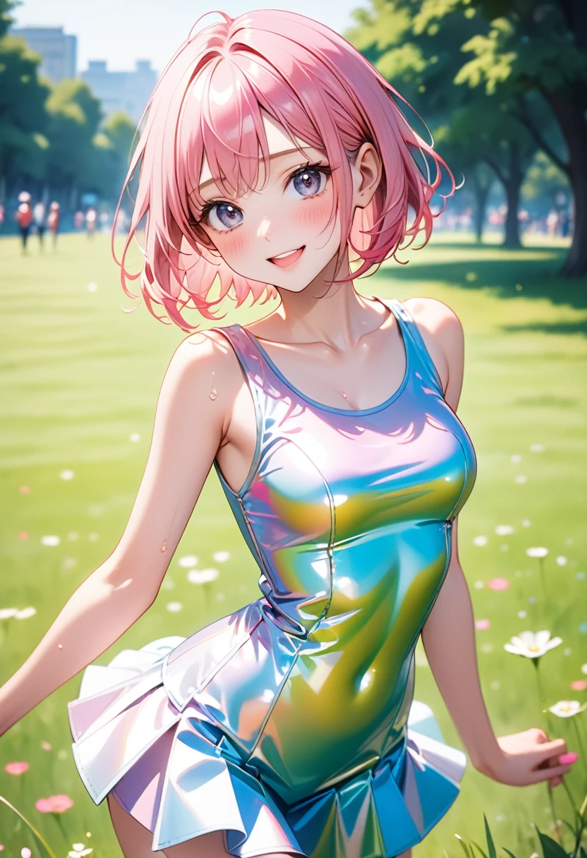 ((One-piece dress)), ((Gloss Outfit)), skinny, solo, 1 woman, Masterpiece, highest quality, highest quality, 16K, incredibly absurd, highly detailed, 2.5D, ai-generated, delicate and dynamic, very delicate facial expressions, delicate eye depiction, erotic, only sexy woman, ((A cute and kind face)), healthy figure, ((25-year-old woman)), 160cm tall, medium firm swaying bust, (short hair), (pink hair:1.5), bob cut, black eye, blush, Sweat,Embarrassed,sexy, ((thin thighs)), (camel toe:0.5), (visible nipples:0.8), ((shiny and lustrous)), facing straight at viewer, smile, (standing), cowboy shot, ((arm at side)), Large park, daytime, bright, on the grass, ((Pop colour outfit)),