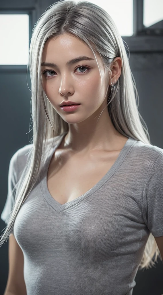 (photo realistic:1.4), (hyper realistic:1.4), (realistic:1.3), (smoother lighting:1.05), (increase cinematic lighting quality:0.9), 32K, 1girl, 19 year old girl, 172 cm tall, chest size 34D, ((long silver hair )), realistic lighting, backlighting, light on face, ray trace, (brightening light:1.2), (Increase quality:1.4), (best quality real texture skin:1.4), finely detailed eyes, finely detailed face, finely quality (gray eyes), (tired and sleepy and satisfied:1.0), face closeup, t-shirts, (Increase body line mood:1.1), (Increase skin texture beauty:1.1)