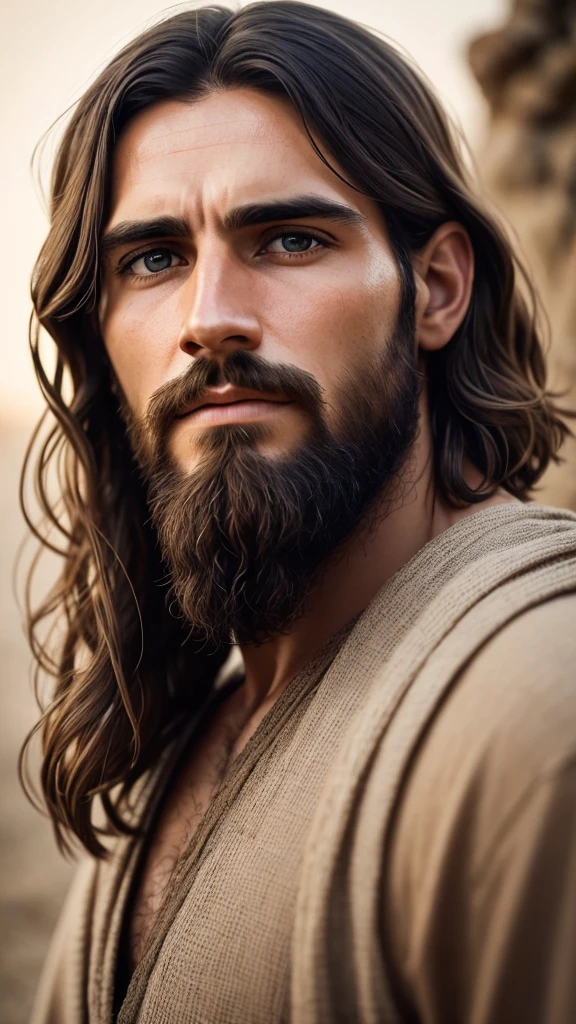 "Create an image of a man who looks like Jesus Christ, with short hair, barba, and a serious expression. It must be pointing directly at the camera. Use natural and soft tones, focusing on the face and pointing hand to create a deep emotional impact.