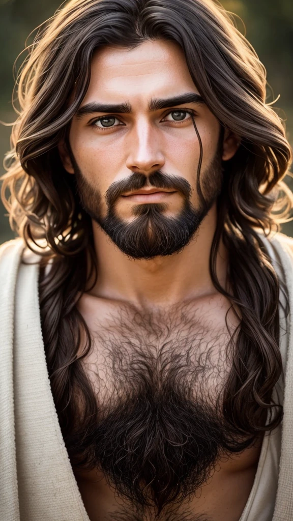  "Create an image of a man who looks like Jesus Christ, with short hair, barba, and a serious expression. It must be pointing directly at the camera. Use natural and soft tones, focusing on the face and pointing hand to create a deep emotional impact.