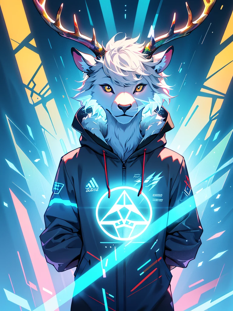 a close up of a deer with a glowing antelope on its head, a hologram by Adam Marczyński, shutterstock contest winner, digital art, with glowing runes on the body, digital art animal photo, an anthropomorphic deer, anthropomorphic deer, scientific depiction, cover shot, beautiful digital artwork, accurate depiction