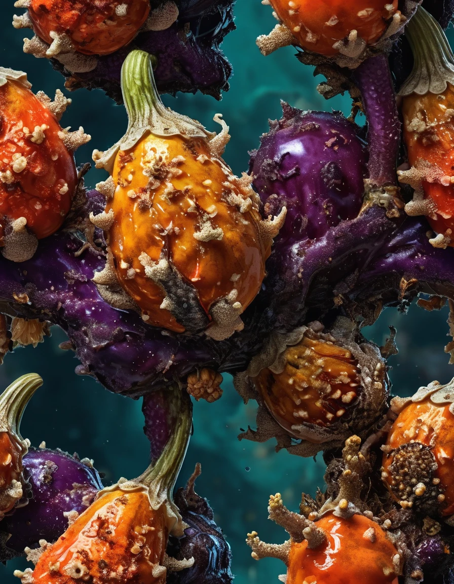 rotten eggplant, decaying fruit, twisted stem, brown spots, overripe peel, mushy texture, dripping juice, oozing decay, is covered with barnacles, cell shaded adult animation, covered in coral and barnacles, vibrant colors, complementary tones, striking contrast, (best quality,4k,8k,highres,masterpiece:1.2),ultra-detailed