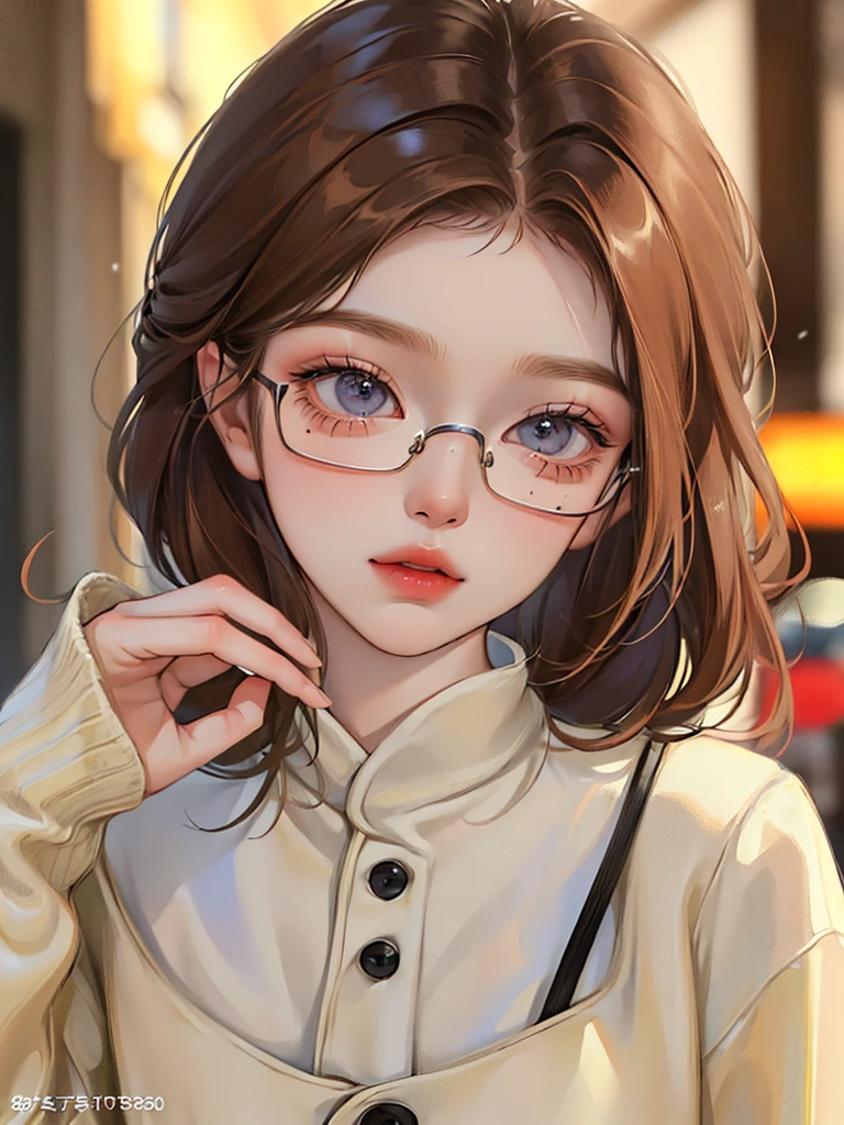 one girl, (a beauty girl, delicate girl:1.3), (14 years old:1.3),
break, (winter clothes:1.3),
break, (street view:1.3), (glasses), perfectly trimmed fingers,
break, very fine eye definition, (symmetrical eyes:1.3),
break, small breasts, brown eyes, parted bangs, brown hair, girl,
break, (eyes and faces with detailed:1.0), (close up to face, zoom in face, face focus:1.0),
break, (masterpiece, best quality, ultra detailed, detailed face, 8k)
