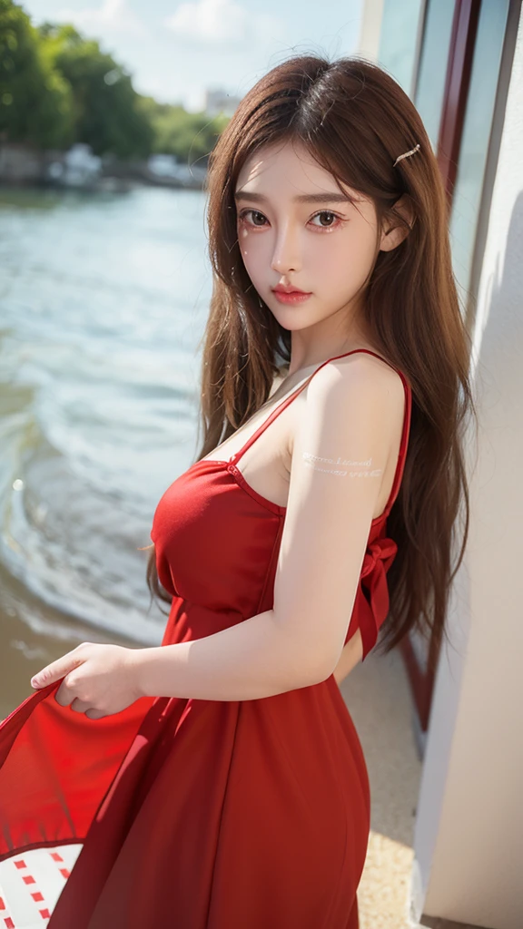 10 years of life, brown hair, white skin, realistic, Long hair with a red bow, light brown eyes, red dress, 8k images, realistic human skin, Picture of a real ,