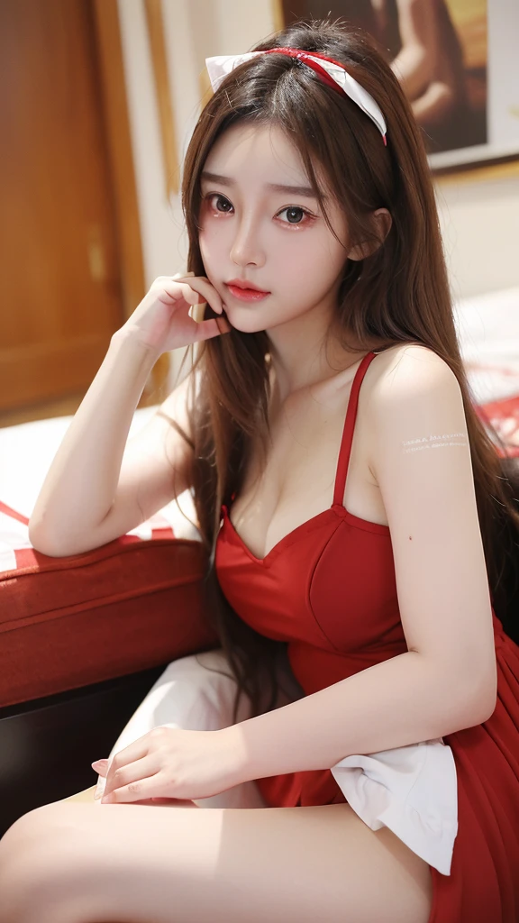 10 years of life, brown hair, white skin, realistic, Long hair with a red bow, light brown eyes, red dress, 8k images, realistic human skin, Picture of a real ,
