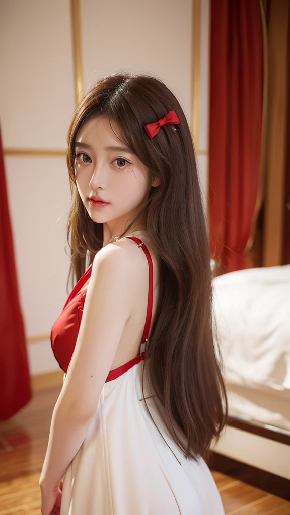 10 years of life, brown hair, white skin, realistic, Long hair with a red bow, light brown eyes, red dress, 8k images, realistic human skin, Picture of a real ,