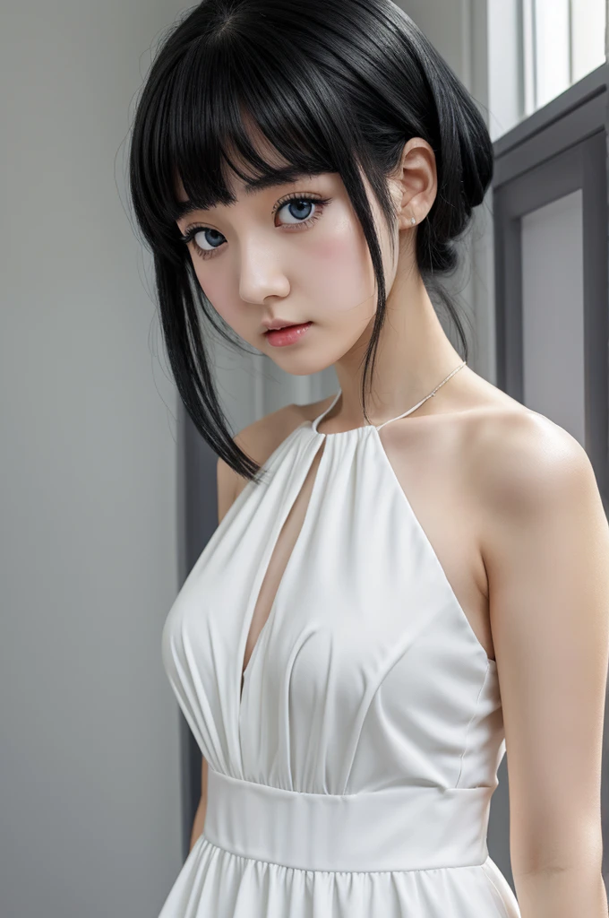 Anime pale girl, black hair, white dress, shocked gaze, grey eyes