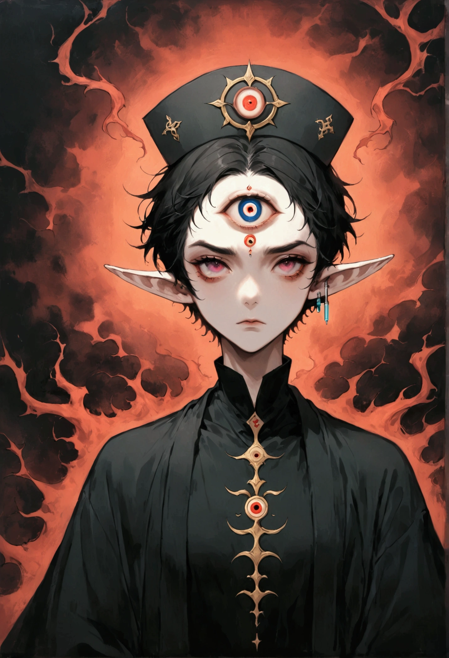 (((Lord Nether,short hair,solo,third eye on the forehead,Elf ears))),(((robe:1.6,Eye Diagram,Dark Pattern))).(((Nurse hat,syringe,lose))),whole body,Death Stare Background。body movements