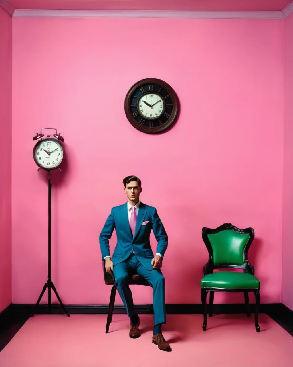 a man in a suit and tie posing for a photo is standing in a room with a chair and a clock on the wall, complementary colors, a photorealistic painting, by John Bates , pink color scheme , fashion photography