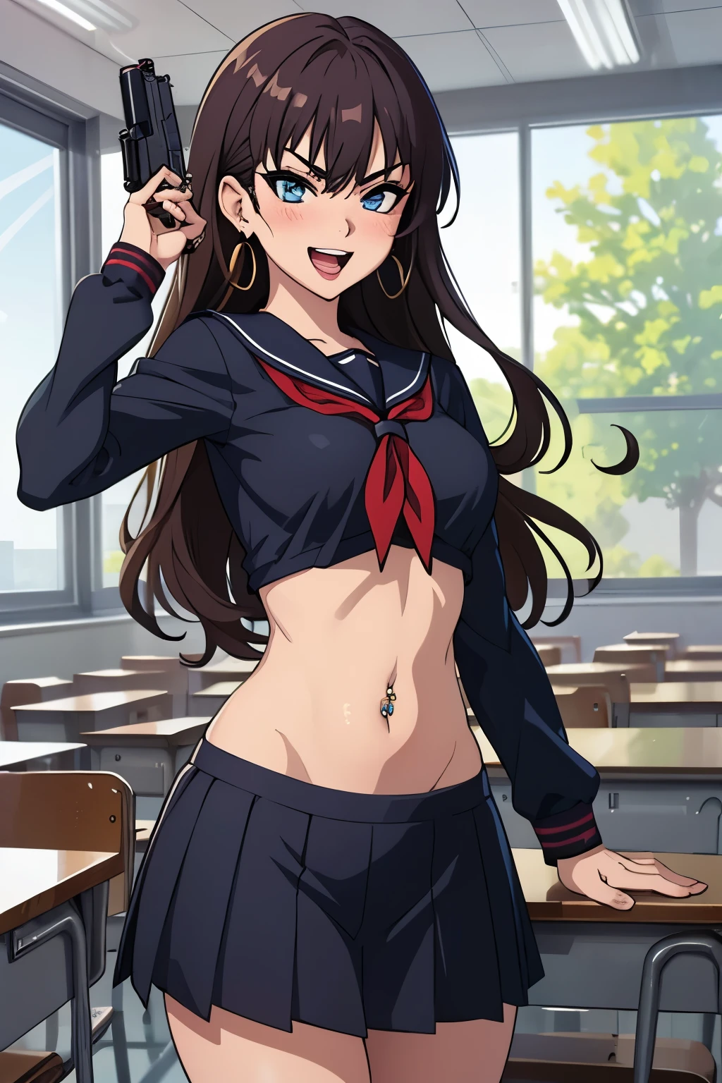 ichinose_shiki, blue eyes, (medium breasts:1.5), wavy hair, brown hair, (purple hair:0.5), earrings, jewelry, long hair, blush, lipstick, Hot girl, baddie, staring, glaring, bad attitude, mean girl, dare, angry, hate, crazy, smoking, sensual, attractive, masterpiece, best quality, highly detailed, a anime girls in sailor uniforms with a gun posing for a picture,
evil smile, smile, open mouth,black_serafuku, ecchi anime style, anime girls , (nsfw) not safe for work,
ecchi style, ecchi, shipgirls, digital anime art!!, high school girls, holding a gun, hold a gun, anime style 4
k, micro skirt, exposed belly, exposed navel, exposed midriff, holding pistol,
exposed lower belly,school, classroom, large breast, navel piercing