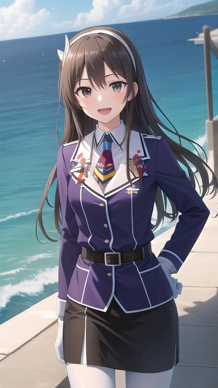 ((masterpiece)),(best quality),official art,extremely detailed CG,unity 8k wallpaper,ultra detailed,A lighthouse on a cliff by the sea,1girl,solo,cowboy shot,long_hair,brown_hair,purple_jacket,pencil_skirt,black_skirt,white_pantyhose,white_gloves,wavy_hair,brown_eyes,white_hairband,long_sleeves,smile,belt,looking_at_viewer,military_uniform,open_mouth,