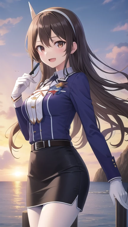 ((masterpiece)),(best quality),official art,extremely detailed CG,unity 8k wallpaper,ultra detailed,A lighthouse on a cliff by the sea,1girl,solo,cowboy shot,long_hair,brown_hair,purple_jacket,pencil_skirt,black_skirt,white_pantyhose,white_gloves,wavy_hair,brown_eyes,white_hairband,long_sleeves,smile,belt,looking_at_viewer,military_uniform,open_mouth,